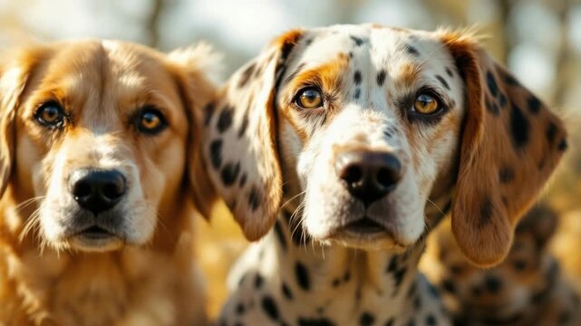 Close-up of two dogs: golden retriever and dalmatian in nature setting
