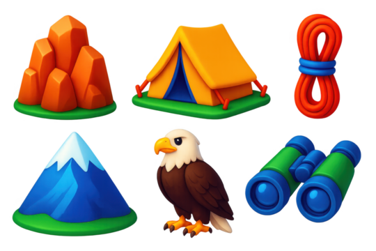 Collection of icons for camping and hiking, including a mountain, a tent