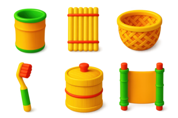 Set of six yellow and green objects, including a toothbrush, a basket
