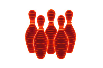 Bowling pins glowing red wireframe hologram visualization, digital sport game concept, transparent background