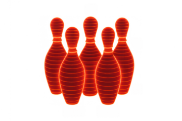 Bowling pins glowing red wireframe hologram visualization, digital sport game concept, transparent background