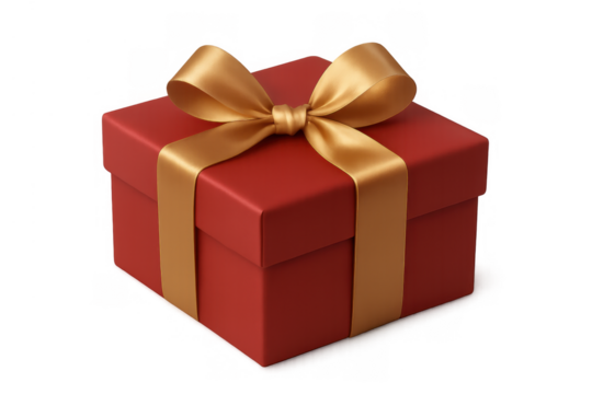 Red gift box wrapped with a golden ribbon and bow, symbolizing celebration, holidays, and surprises on transparent background