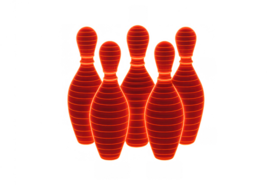 Bowling pins glowing red wireframe hologram visualization, digital sport game concept, transparent background - Powered by Adobe