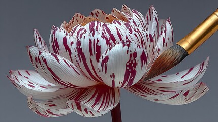 A Beautiful Lily Flower with Crimson Stripes Being Touched by an Artist's Brush