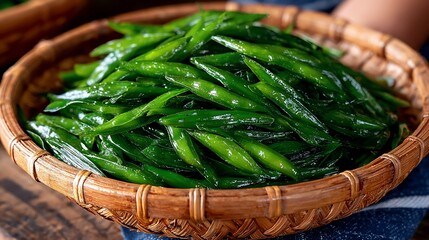 A beautiful wicker basket filled with freshly cooked green beans ready to be served and enjoyed by