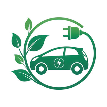 A green car with a plug on the side and a leafy green background