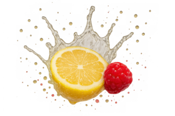 Lemon and raspberry splashing into water, creating refreshing juice droplets, isolated on transparent background