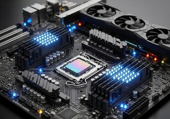 High-tech motherboard with vibrant neon accents, perfect for showcasing modern technology or cutting-edge computer hardware in a tech-forward presentation