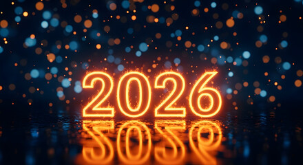 Bright neon 2026 number glowing with reflection and bokeh lights