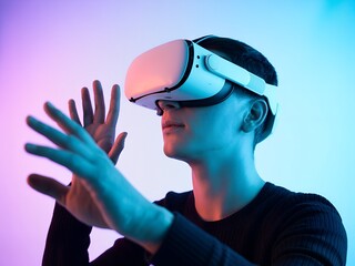Immerse yourself in a stunning VR experience with this young man exploring virtual reality and futuristic gaming, unlocking digital worlds with innovative technology