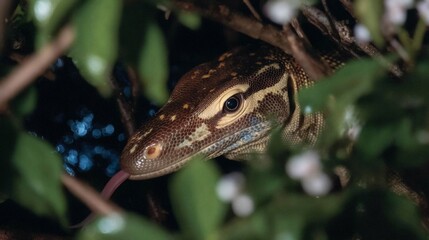 A captivating close-up of a monitor lizard lurking amidst lush greenery, its tongue extended