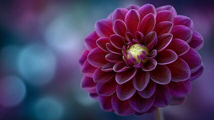 A captivating close-up of a vibrant purple dahlia flower with soft bokeh background creates a