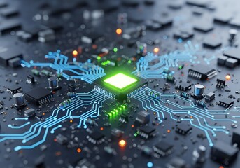 Stunning close up of glowing circuit board with vibrant blue connections, perfect for tech companies, innovation concepts, and futuristic designs