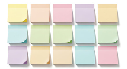 A collection of colorful sticky notes arranged in a grid pattern. Each note displays a different pastel hue and are ideal for jotting down memos, reminders, and thoughts