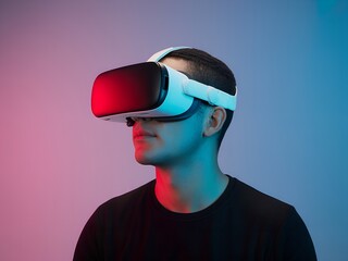 Immerse yourself in vibrant virtual reality with this man wearing a cutting-edge VR headset, experiencing the future of gaming and technology now