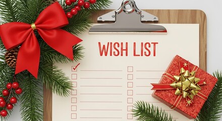 Create a festive wish list for Christmas with wrapped gifts and holiday decorations for joyful season