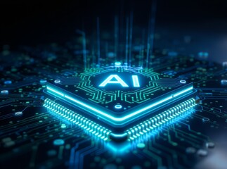 Futuristic AI microchip glowing with vibrant energy, symbolizing cutting-edge technology for innovative solutions in modern digital transformation
