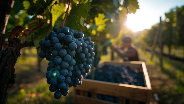 Autumn Vineyard Harvest with Ripe Grapes and Wooden Crates – Seasonal Wine Agriculture Photography