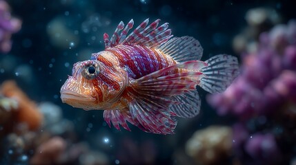 A captivating portrait of a lionfish swimming gracefully in its natural reef habitat under the sea