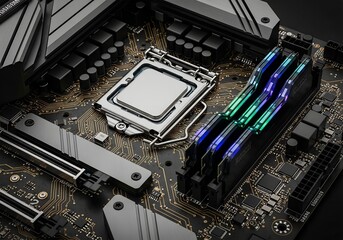 Elevate your tech visuals with a striking motherboard featuring a powerful CPU and vibrant RAM, perfect for gaming, technology, and innovative designs