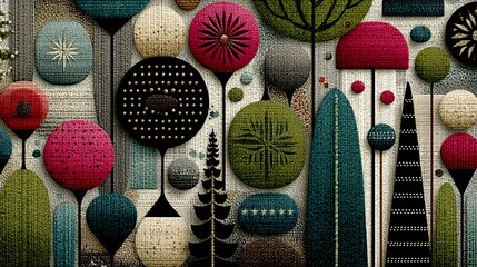 Retro Mid Century Modern Abstract Botanical and Geometric Shapes Pattern image photo