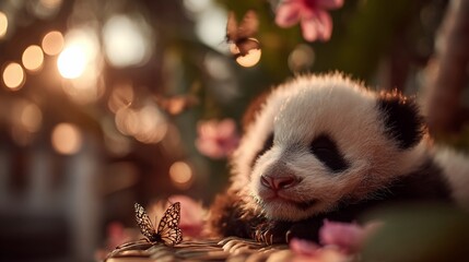 A charming image of a sleepy baby panda surrounded by pink flowers and butterflies creating a