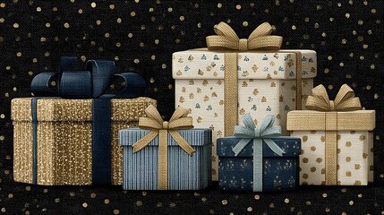 Group of five gift boxes with patterned paper and assorted ribbons present wrapped photo