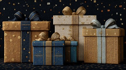 Assortment of wrapped gift boxes with decorative ribbons and bows present photo