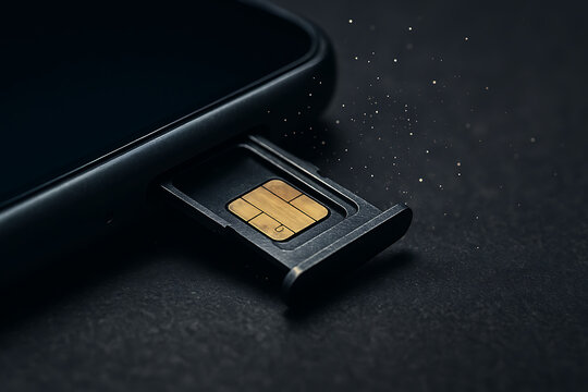 Smartphone SIM card tray partially ejected close up dust particles concept connectivity issue technology macro detail mobile device repair situation minimalist black background technical component exp