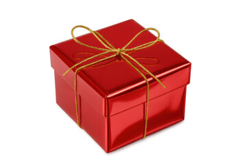 Obraz premium Red gift box with golden ribbon bow offering a surprise for holidays and celebrations on transparent background
