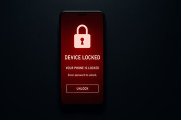 Device locked security warning on smartphone screen red padlock icon alert message for unauthorized access attempt, mobile phone password protection notice against hacking, data theft, privacy breach,