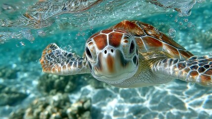 A close-up view of a sea turtle swimming gracefully underwater in the ocean