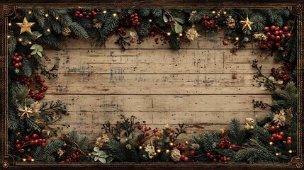 Rustic Wooden Background with Christmas Garland Border and Twinkling Lights image photo