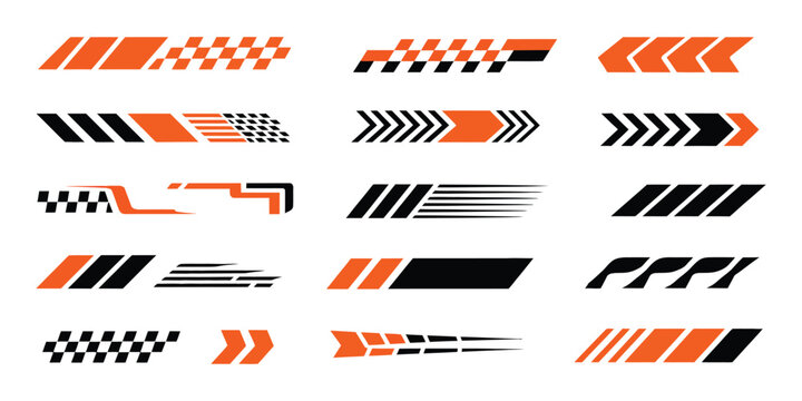 racing cars and race car stripes icon set vector including checkered flag icons, bold finish line elements, fast stripe patterns, and sport graphics ideal for automotive branding, motorsport visuals, 
