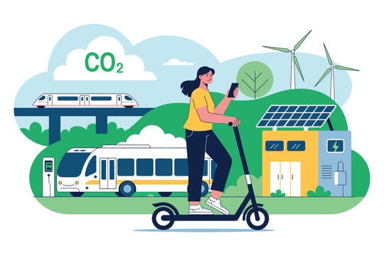 A person on an electric scooter represents sustainable urban transport and renewable energy.