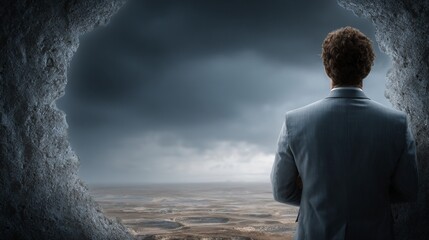 A contemplative businessman stands before a vast and barren landscape pondering strategic