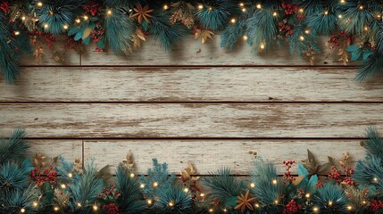 Rustic Wood photo Background with Christmas Evergreen Garland and Warm Lights border