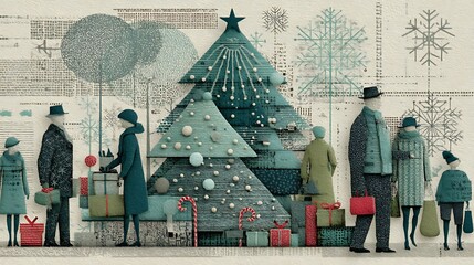Stylized Christmas Scene With People In Vintage Clothing And Decorated Trees holiday winter photo