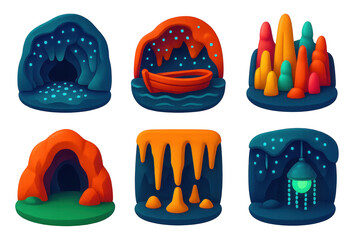 Set of six images of caves and caves with boats in them