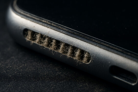 Dusty speaker grille macro clogged smartphone bottom vent close up texture hygiene maintenance cleaning concept dirt particles buildup affecting audio sound quality performance damaged mesh repair car