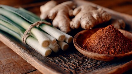 A culinary composition featuring fresh leeks ginger root and vibrant spice powder arranged on a