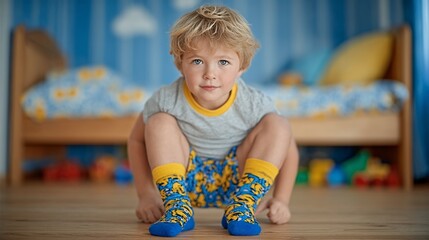 A Cute Little Boy with Blond Hair and Blue Eyes Posing in His Colorful Bedroom