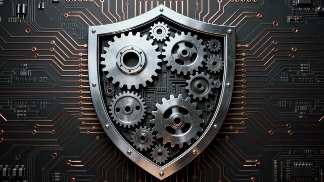 Metal shield of interlocking gears circuit board conveying cybersecurity protection mechanism and technology. industrial gear shield blending metal