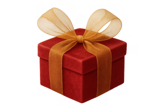 Red gift box with a gold ribbon and bow, perfect for celebrating holidays, birthdays, and special occasions. Transparent background