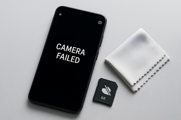 Smartphone showing camera failed error on screen with memory card and cleaning cloth beside it illustrating device malfunction concept highlighting hardware issue lens problem and mobile photography t