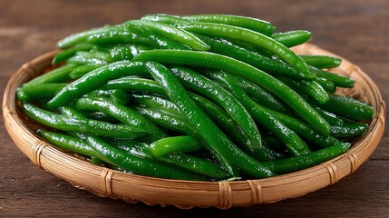 A delightful display of fresh green beans in a woven basket on rustic wood surface