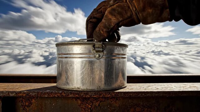 In a stunning sky-high setting, a gloved hand reaches for a weathered metal container resting on a rusty ledge. As the lid lifts, anticipation builds against a backdrop of fluffy clouds and sunlight.
