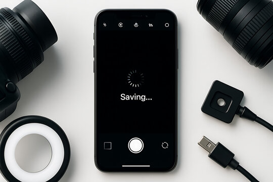 Saving photo in smartphone camera interface professional mobile photography production workflow saving indicator loading screen surrounded by camera accessories cinematic studio setup digital photo ca - Powered by Adobe