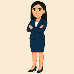 Professional serious businesswoman in a navy suit with crossed arms, cartoon illustration displaying confidence and determination.