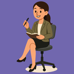 Professional businesswoman smiling, taking notes in a notebook while sitting in an office chair, planning her work.